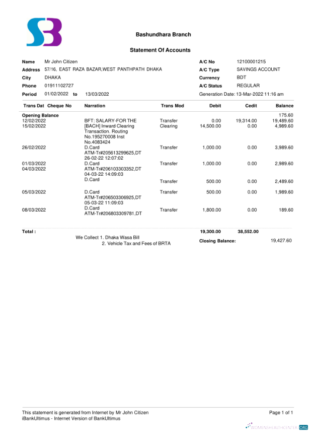 Download Bangladesh SB bank statement word